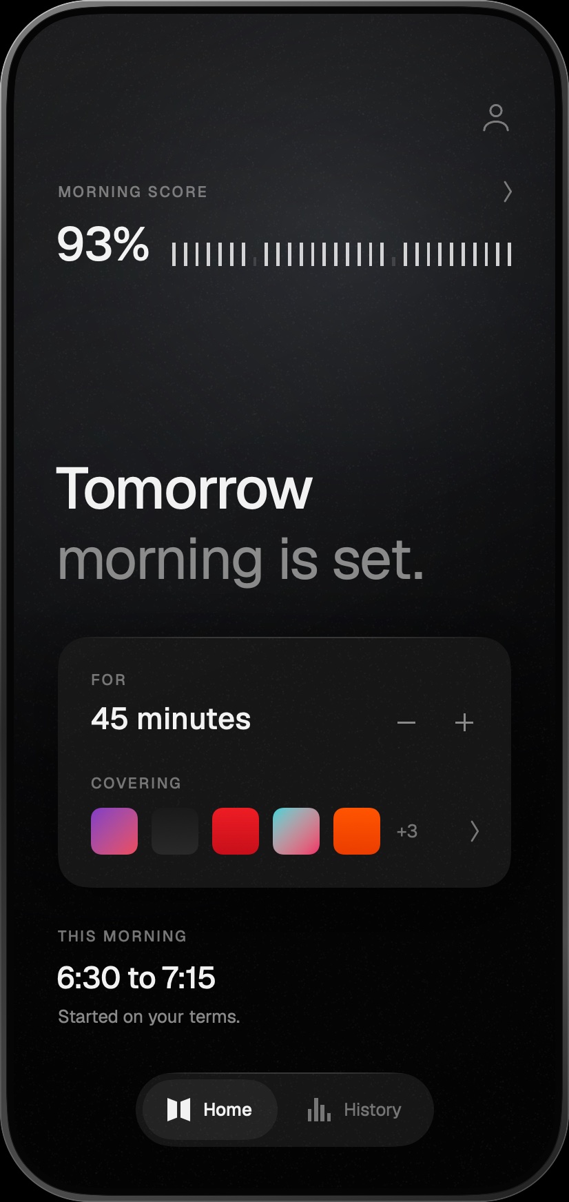 Median's Home screen, showing this morning's window and Morning Score